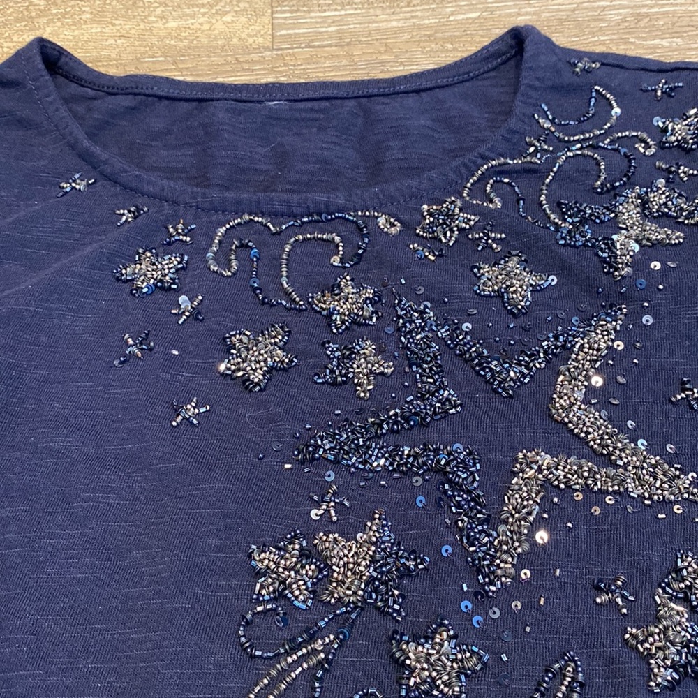 Festive Navy Blue T Shirt w/Star-Shaped Sequin and Bead Embellishments Size L